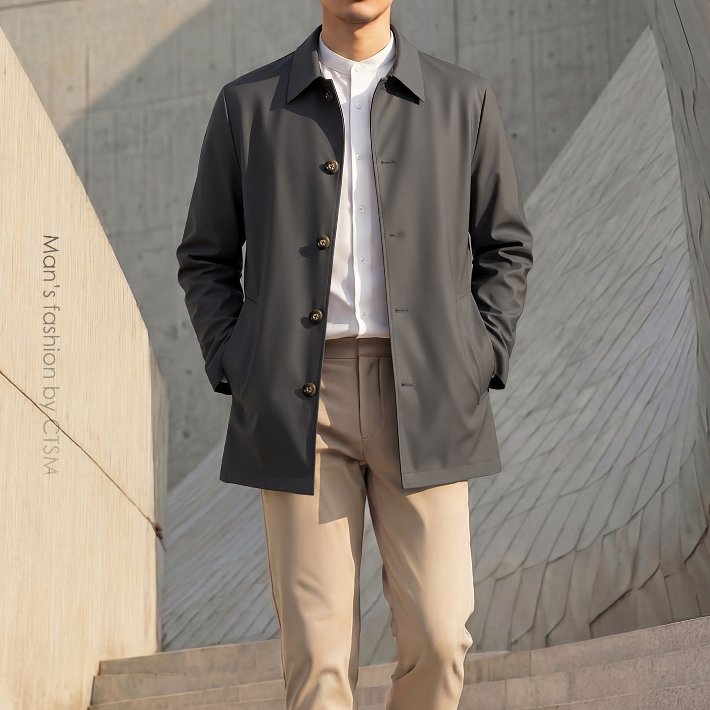 男士翻领高端风衣春秋商务休闲中长款纽扣外套通勤风夹克新款上衣