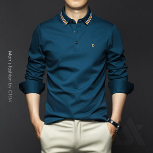 T恤丝光棉纯棉POLO衫 2025男装 新款 春秋季 打底衫 翻领长袖 秋装 男士