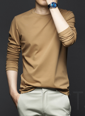 春秋季男士圆领长袖白色T恤纯棉丝光棉打底衫高端秋衣男装上衣服