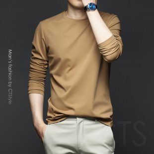 高端秋衣男装 春秋季 白色T恤纯棉丝光棉打底衫 圆领长袖 上衣服 男士