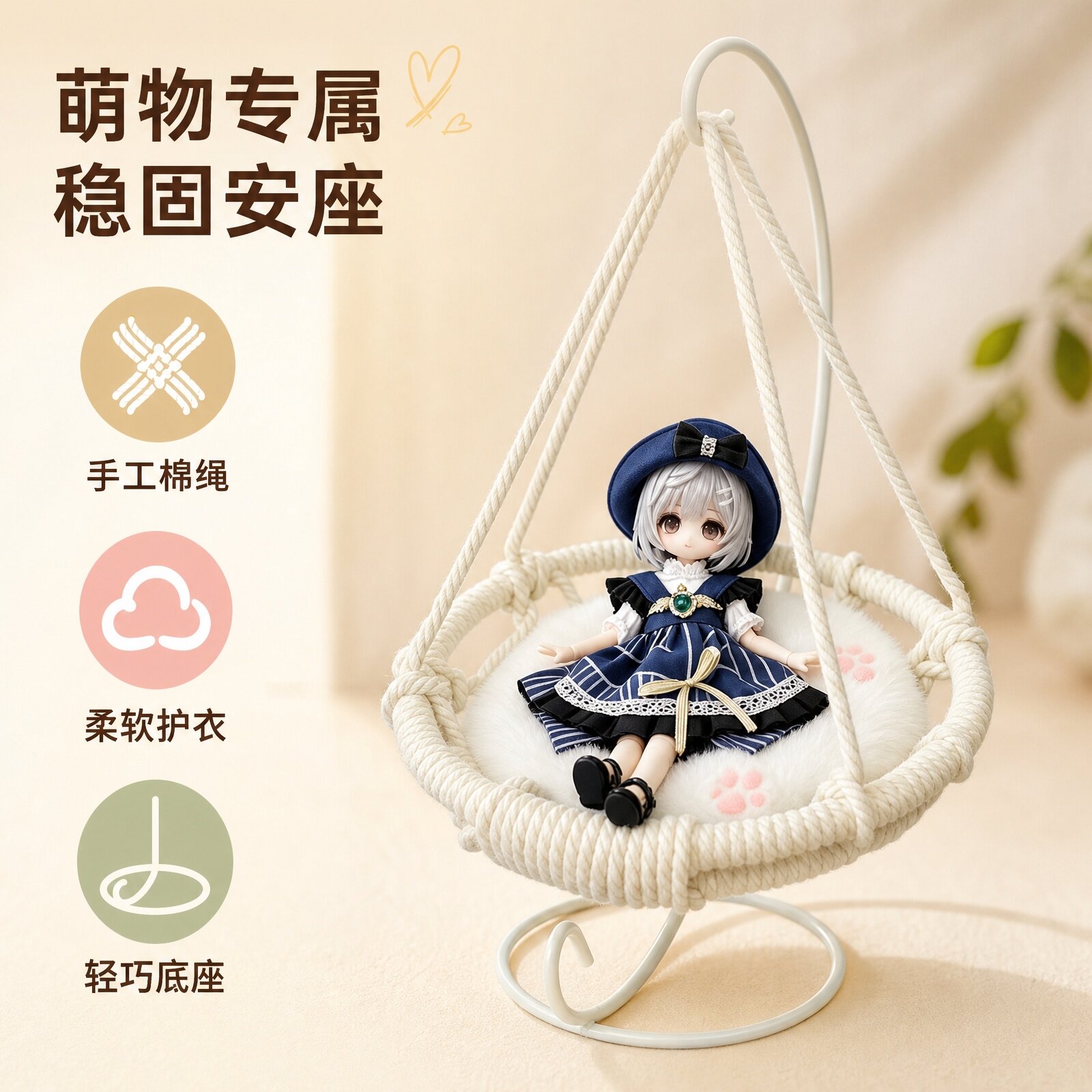 原创bjd吊篮手工编织吊椅铁艺工艺吊篮15厘米创意吊篮ob11娃吊篮