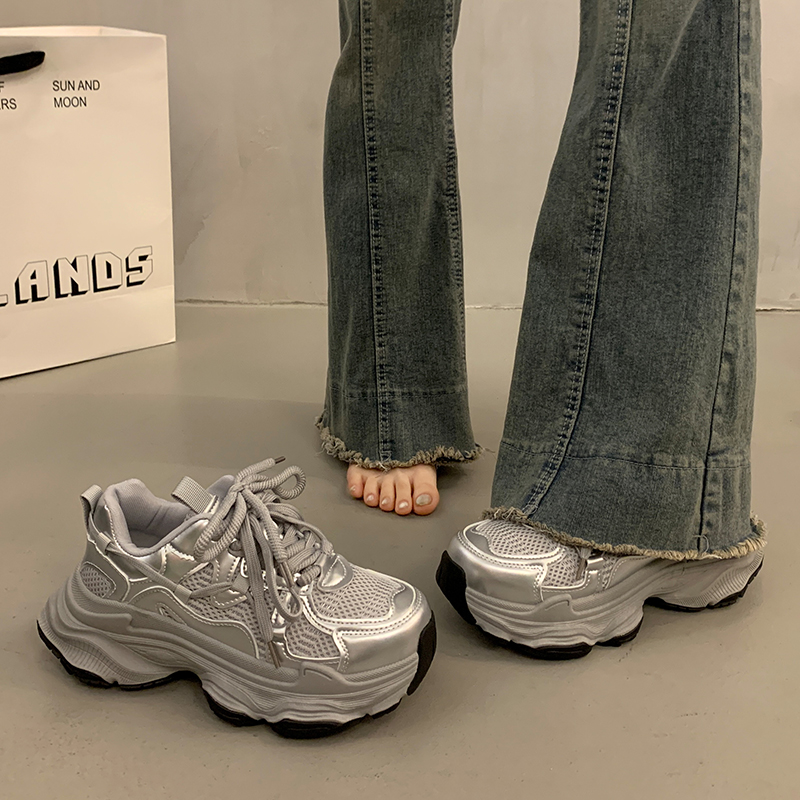 OLDORDER松糕厚底老爹鞋女秋季小个子增高银色百搭休闲运动鞋