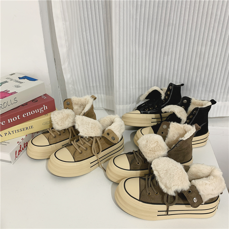 OLDORDER厚底美拉德高帮鞋女冬季休闲百搭绒面加绒加厚保暖大棉鞋