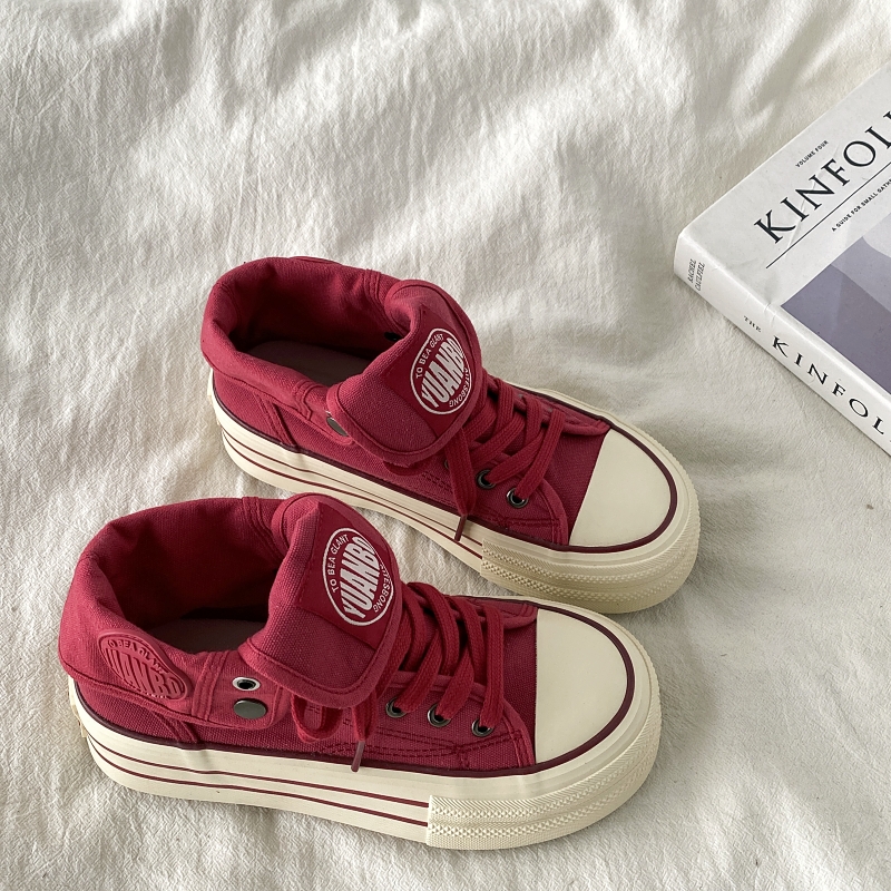 OLDORDER复古厚底红色高帮帆布鞋女春秋百搭小众增高休闲板百搭潮