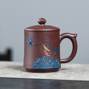 宜兴紫砂茶杯带盖家用办公杯主人杯泥绘个人茶具大容量男女士茶杯