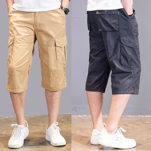 夏天工装裤男薄款宽松短裤多口袋中裤户外休闲肥佬裤直筒七分裤男