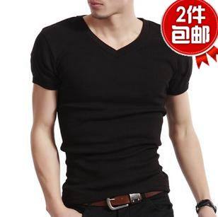 包邮男装V领短袖T恤韩版修身男纯棉紧身t恤鸡心领男汗衫打底春夏