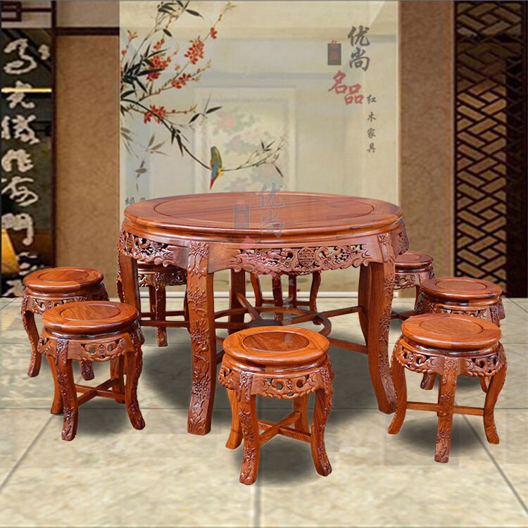 红木餐桌圆桌实木 8人缅甸花梨木梅花台大果紫檀实木中式餐桌饭桌