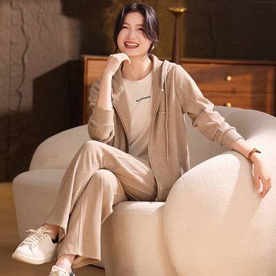 新品中老年女装2025新款运动服套装连帽外套直筒裤两件套妈妈秋装