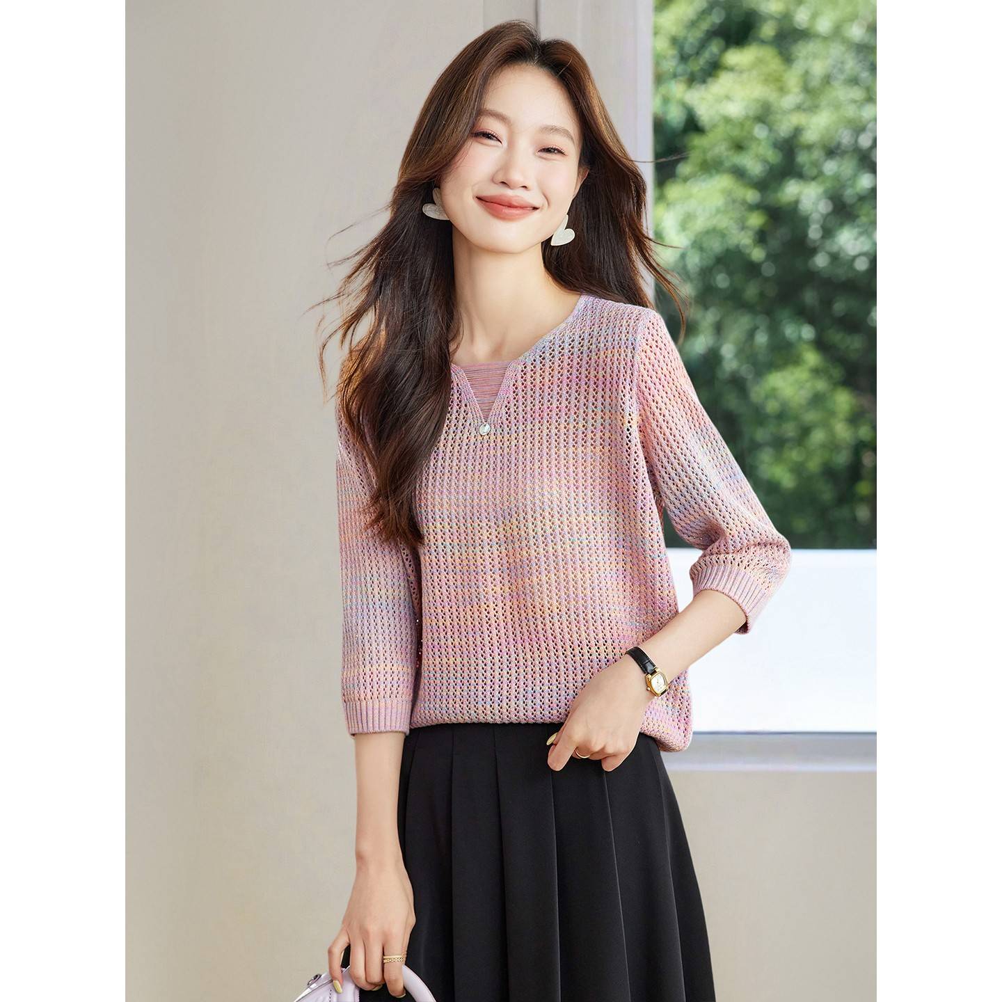 2025新款早秋薄款镂空七分袖针织衫上衣女今年流行爆款渐变色小衫