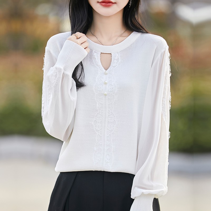 2025新款春秋洋气提花钉珠显瘦短款针织蕾丝打底衫女内搭大码女装