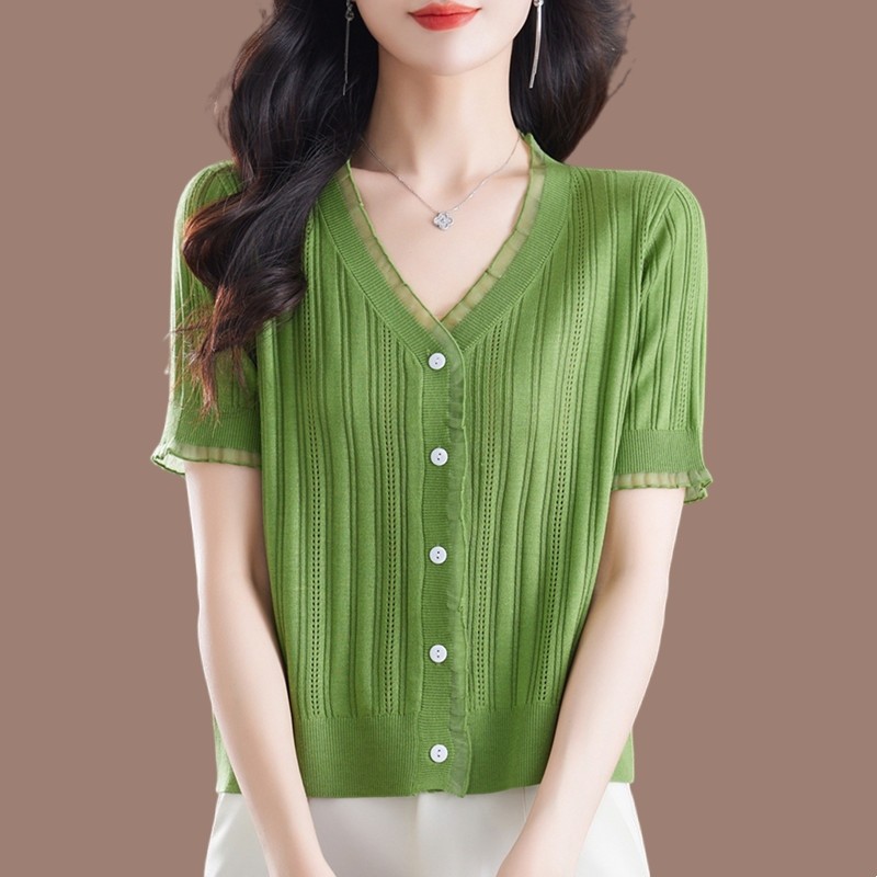 2024新款桑蚕丝女夏季蕾丝V领中年妈妈装配裙子短袖针织小开衫T恤