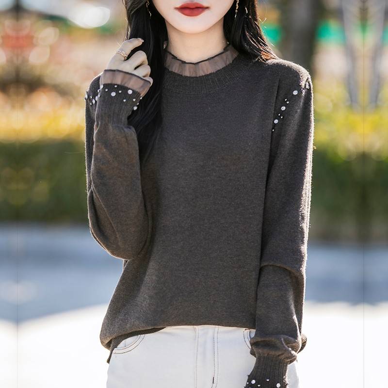 蕾丝打底衫女春秋2025新款洋气针织钉珠上衣大码女装秋冬内搭毛衣