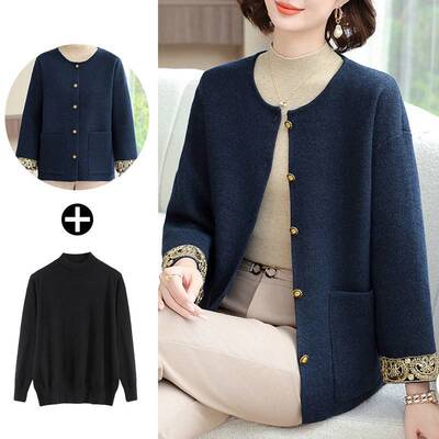 妈妈针织刺绣薄款外套中年女秋装婚宴喜服中老年春秋婆婆结婚礼服