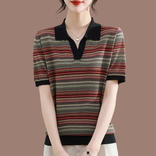 上衣妈妈针织衫 2024新款 桑蚕丝大码 polo翻领彩条纹短袖 t恤女夏装