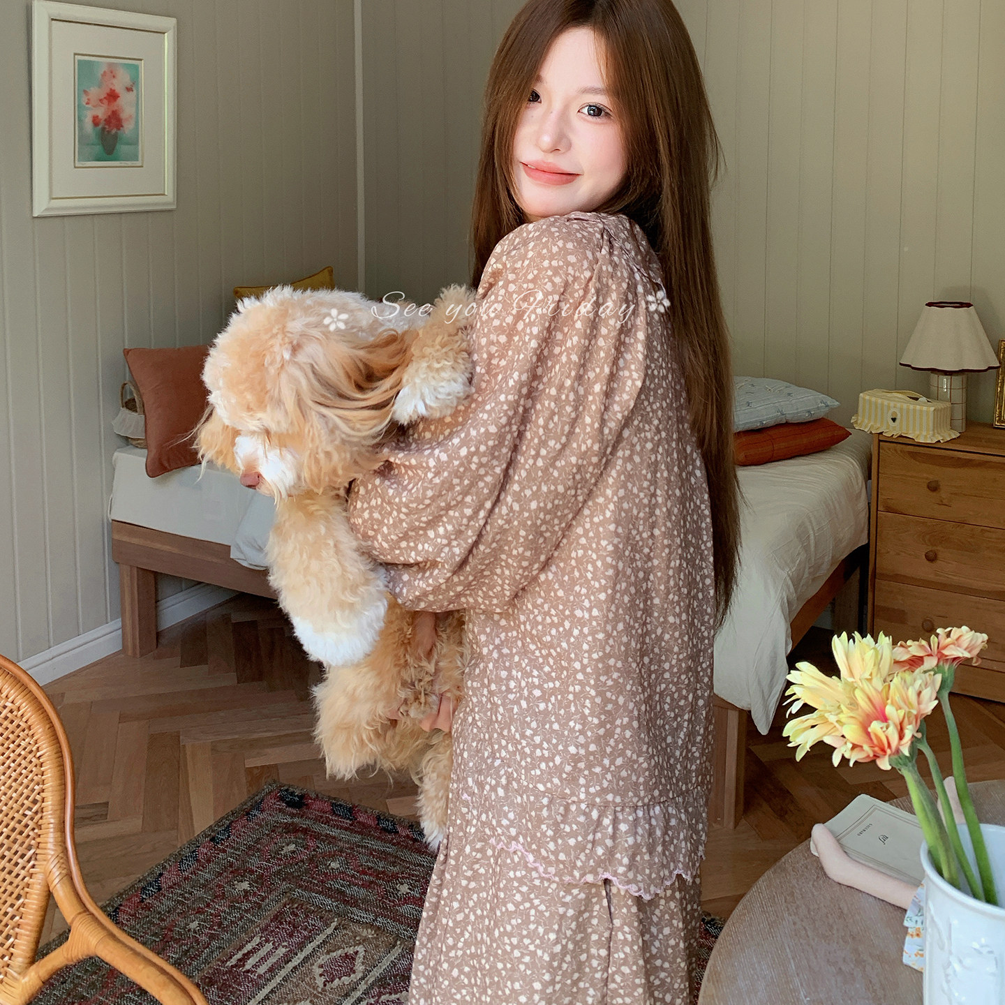 秋冬纯棉双层纱碎花家居服套装女