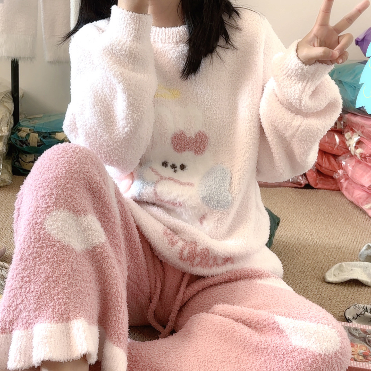 冬季保暖宽松女睡衣套装