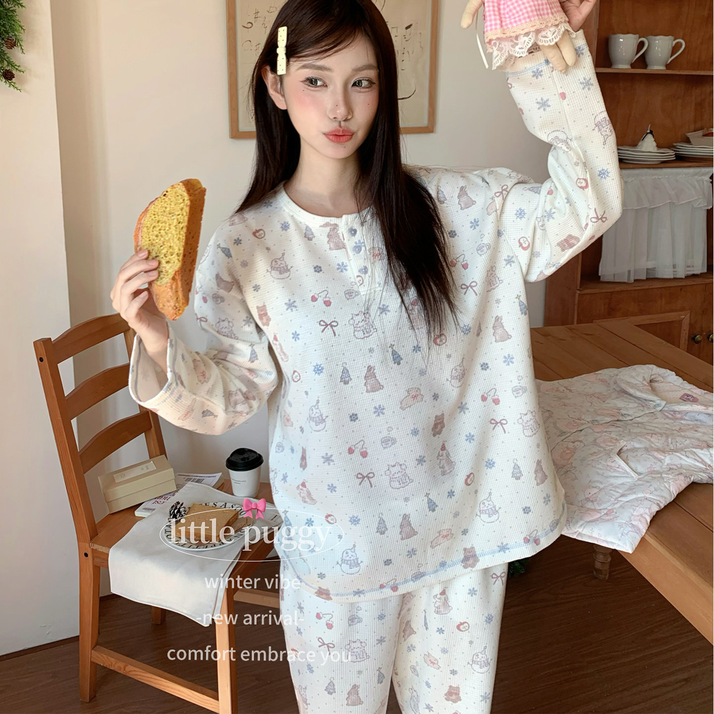 韩系女华夫格可外穿家居服套装