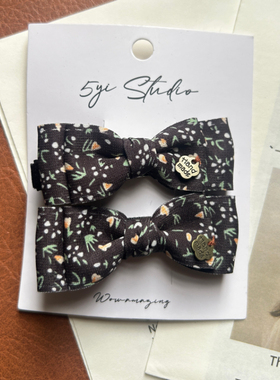 【手工黑底碎花布艺蝴蝶结发夹复古小众侧边夹 精致刘海碎发装饰