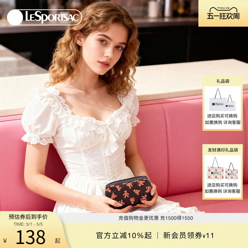 LeSportsac乐播诗秋冬新款经典系列咖色满印泰迪熊手机包女手拿包