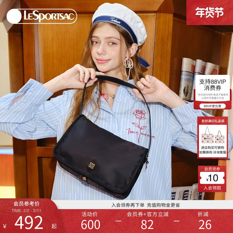 LeSportsac乐播诗黑色尼龙包小方包女斜挎包小众通勤包单肩腋下包
