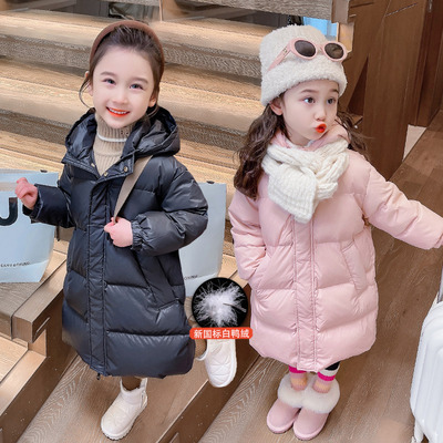 女童中长款羽绒服白鸭绒连帽外套