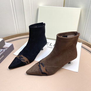 裕达气质尖头豹纹短靴女细跟2025冬季新款小香风加绒磨砂低跟女靴