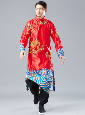 中国风龙纹印花长衫中式汉服男装演出婚礼服装中长款民国长袍外套