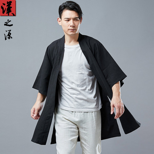 中国风连肩袖亚麻汉服中长款开衫