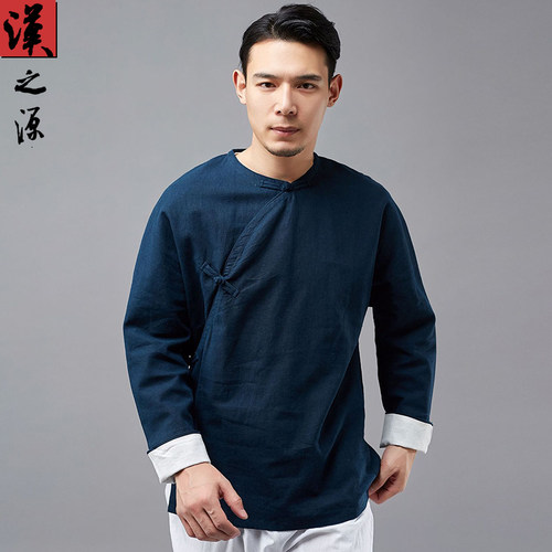 斜襟改良禅修手工翻袖圆领居士服