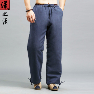 休闲长裤 中国风冬季 系绳松紧腰男裤 男复古亚麻宽松休闲裤 保暖 棉裤