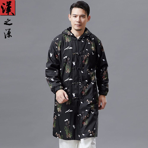 仙鹤印花加绒连帽中长款男装风衣