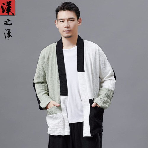 中国风皱麻肌理落肩袖拼色汉服