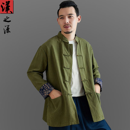 春夏桃皮绒衬衫男士复古唐装中国风盘扣棉麻男装纯色休闲上衣青年