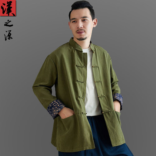 春夏桃皮绒衬衫男士盘扣纯色休闲