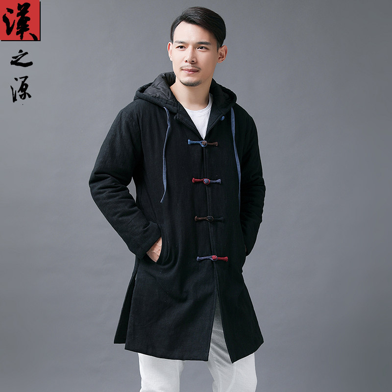 中国风中长款棉衣男外套冬季中式手工盘扣连帽棉服亚麻唐装棉袄佛