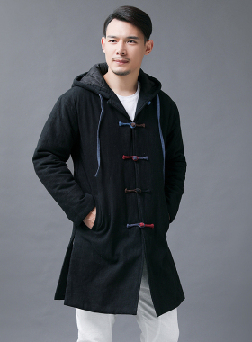 中国风中长款棉衣男外套冬季中式手工盘扣连帽棉服亚麻唐装棉袄佛