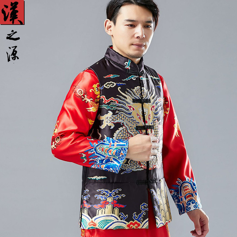 中国风中式男装立领棉马甲汉式婚服外套龙纹印花马褂复古休闲上衣