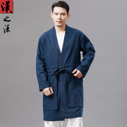 男装系腰复古休闲苎麻风衣外套