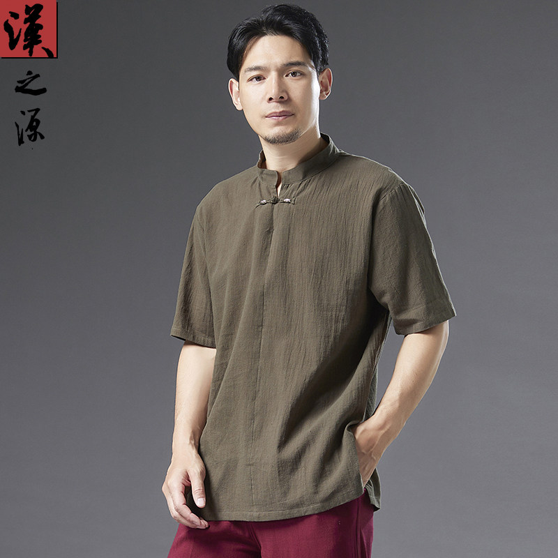 中国风棉麻T恤男士短袖宽松立领亚麻男装夏季薄款体恤衫透气上衣