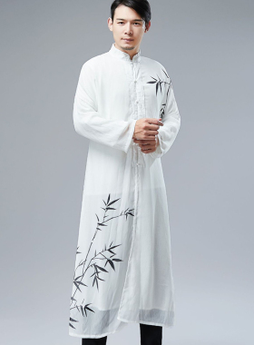 夏季中国风复古男士长衫雪纺飘逸长袍中式汉服立领披风印花唐装竹