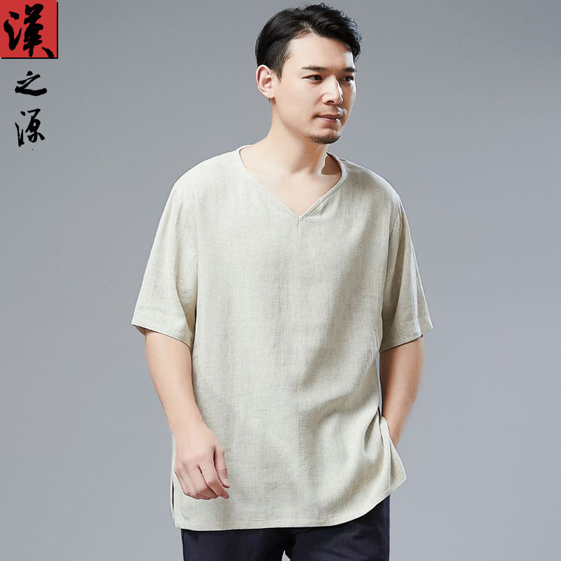 中国风竹节棉短袖t恤男士宽松V领棉麻上衣夏季透气半袖体恤男装潮,男装,T恤,淘宝优惠券,粉丝福利购,淘宝优惠卷