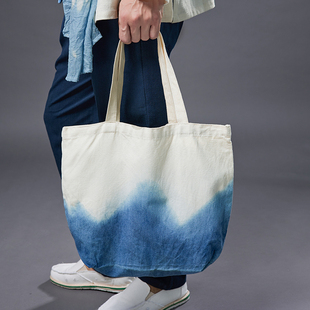 中国风扎染手提包植物草木蓝染帆布包渐变色扎染男包僧包居士包