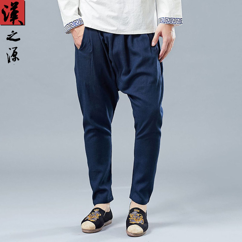 中国风春夏低裆松紧腰亚麻垮裤