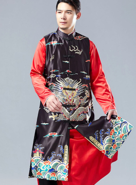 中式印花马甲中长款男装立领盘扣唐装龙纹中国风汉服无袖长衫马褂