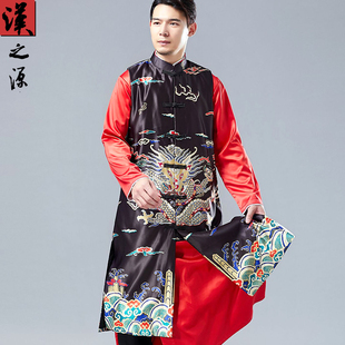 中式印花马甲中长款男装立领盘扣唐装龙纹中国风汉服无袖长衫马褂