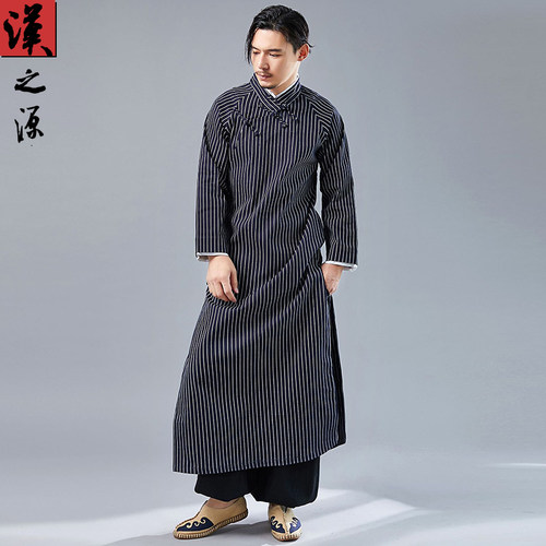 中国风长款棉麻男士民国条纹汉服