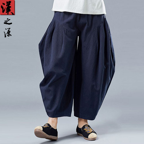 中国风原创多褶亚麻九分休闲裤