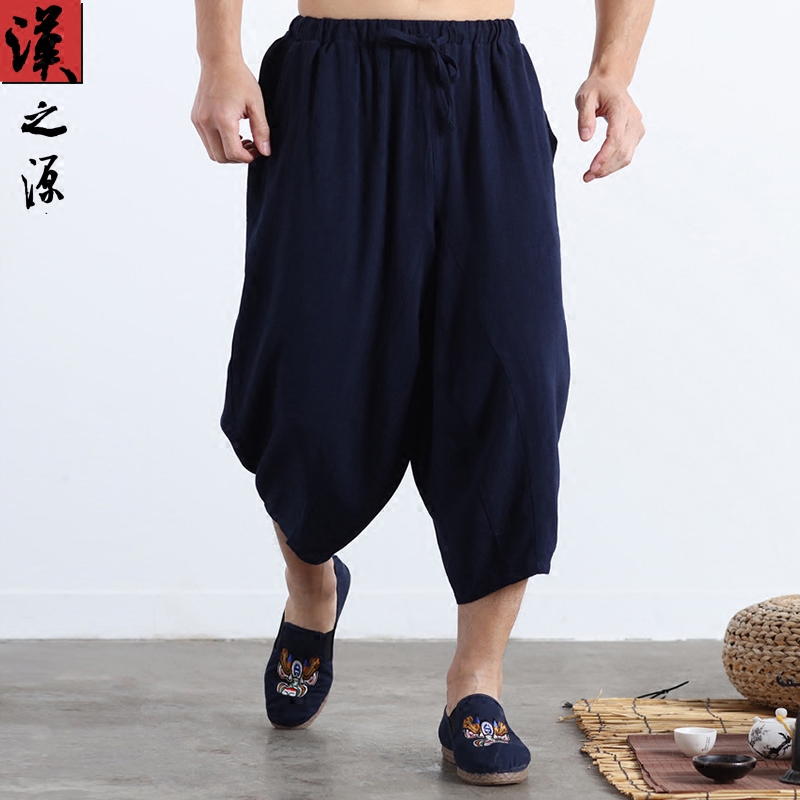 中国风松紧腰夏季亚麻低档七分裤