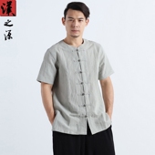 短袖 男装 上衣中式 中国风亚麻开衫 复古圆领衬衫 纯色棉麻盘扣衬衣潮